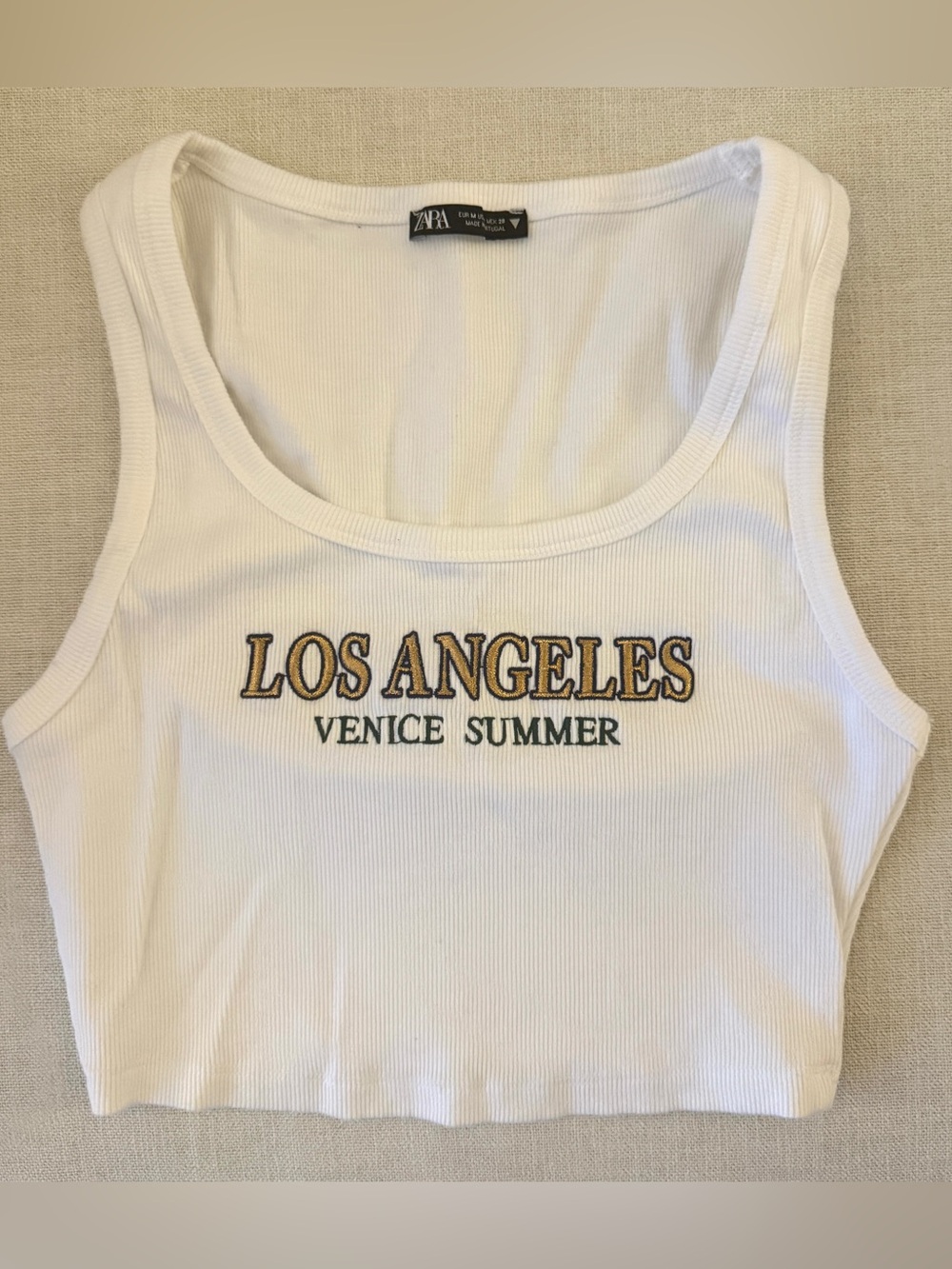 ZARA White Ribbed Tank with 'Los Angeles' Embroidery
